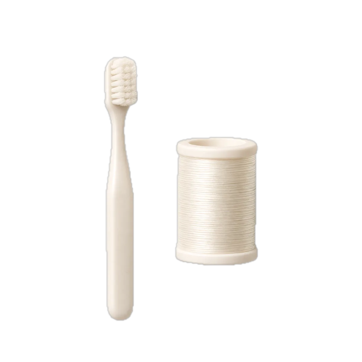 A toothbrush, floss and an interdental brush