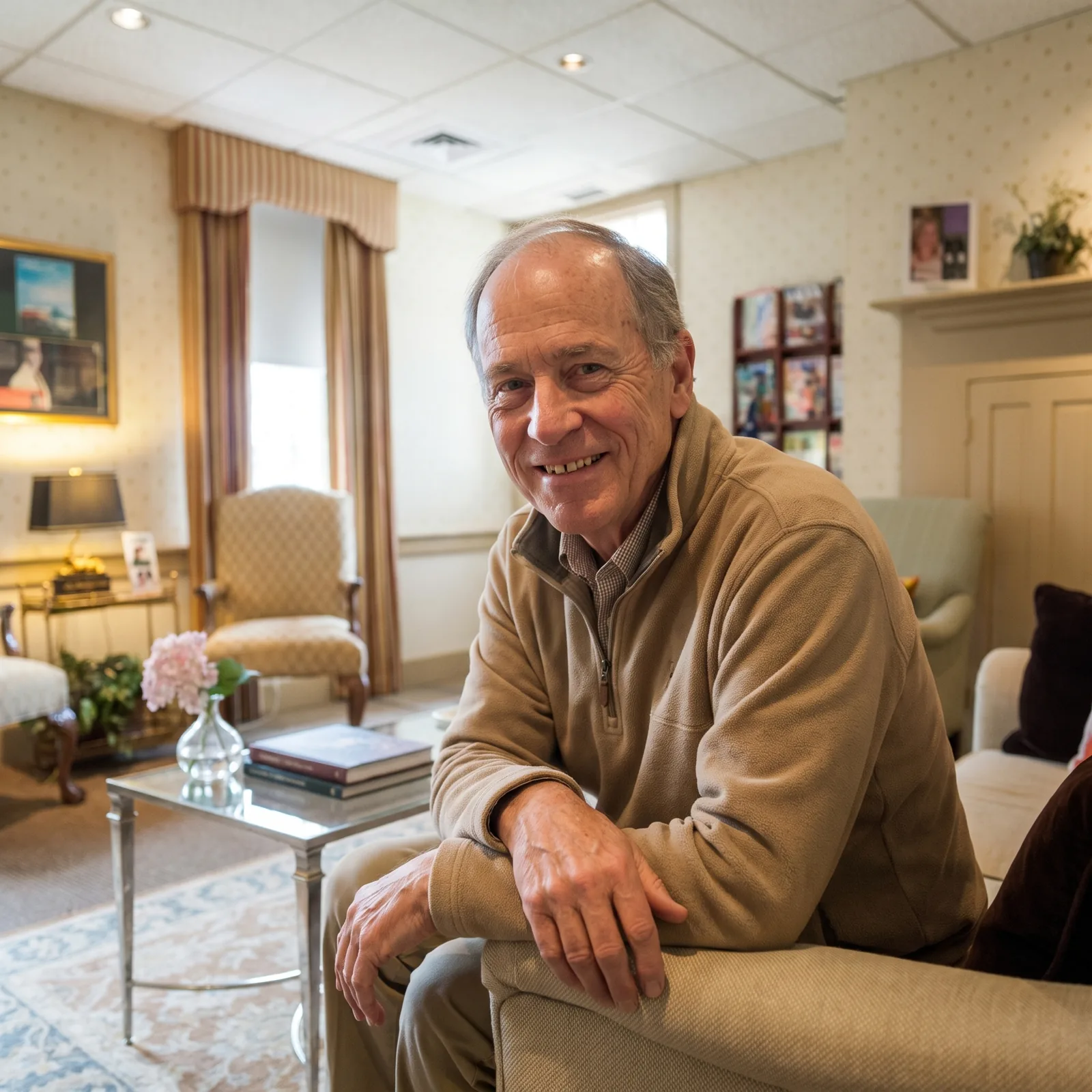 A smiling patient in the waiting room at Southern York Smile Care