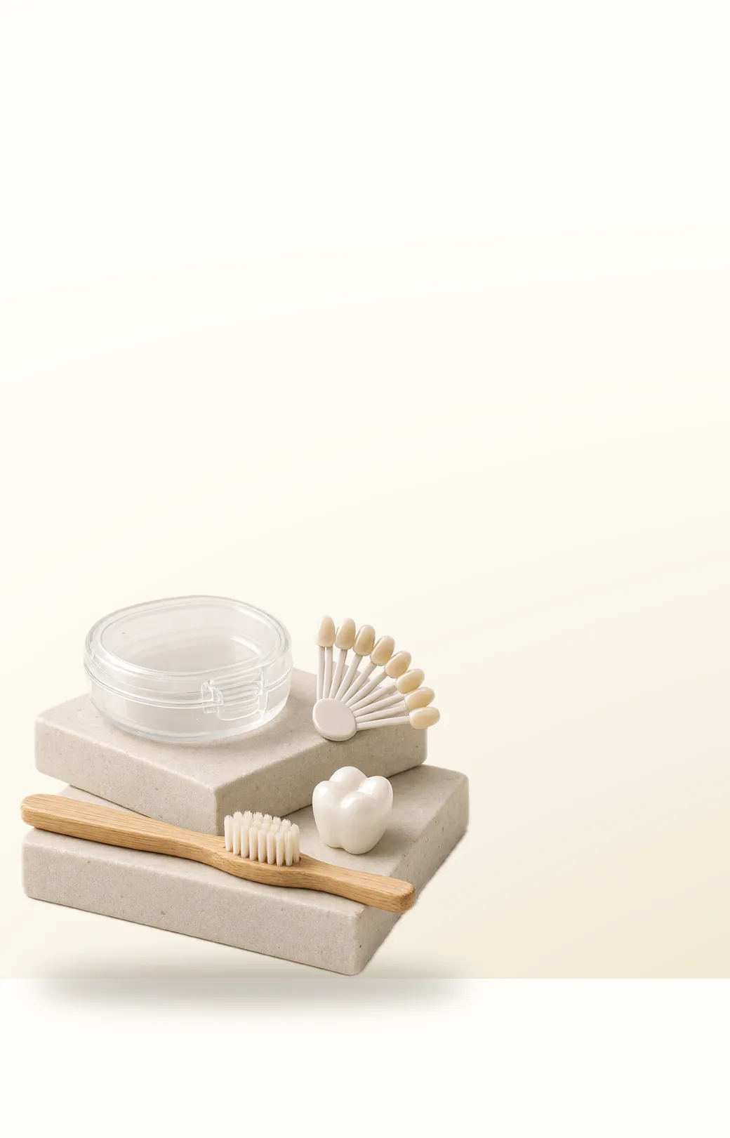 A clear aligner case, a shade guide, a toothbrush and a porcelain crown