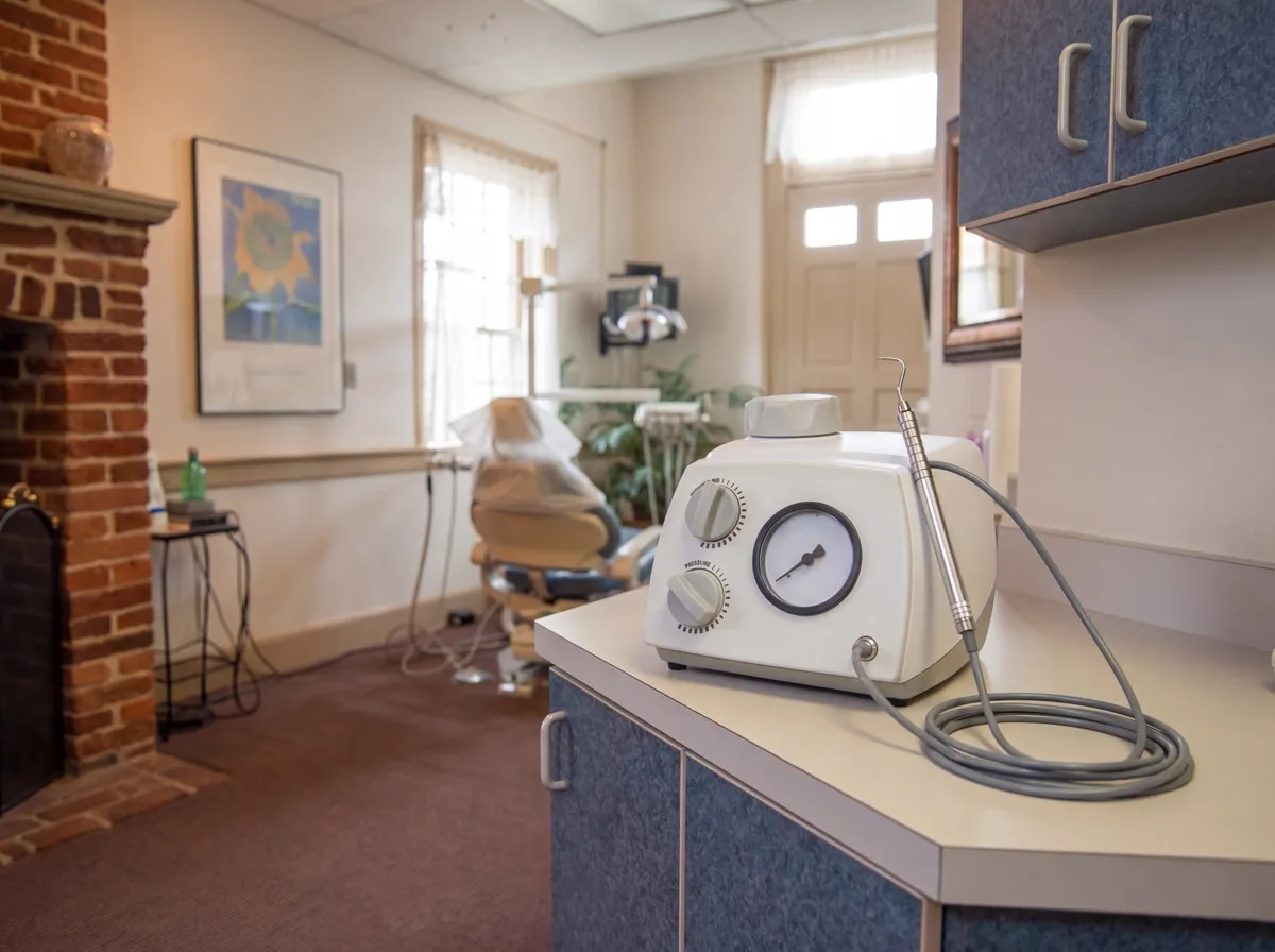 The air-abrasion unit on the counter beside the dental chair
