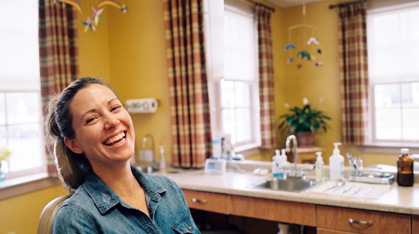 A patient laughing in the treatment chair after cosmetic dentistry