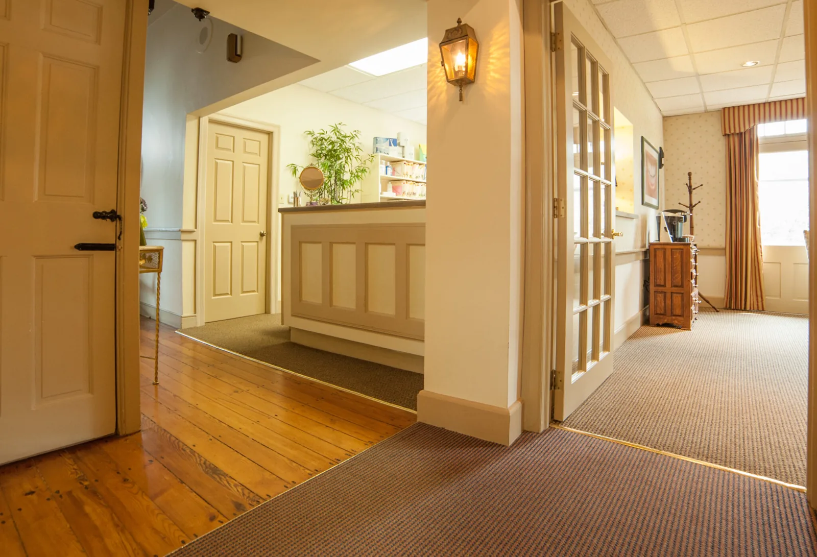 The front desk, just inside the front door