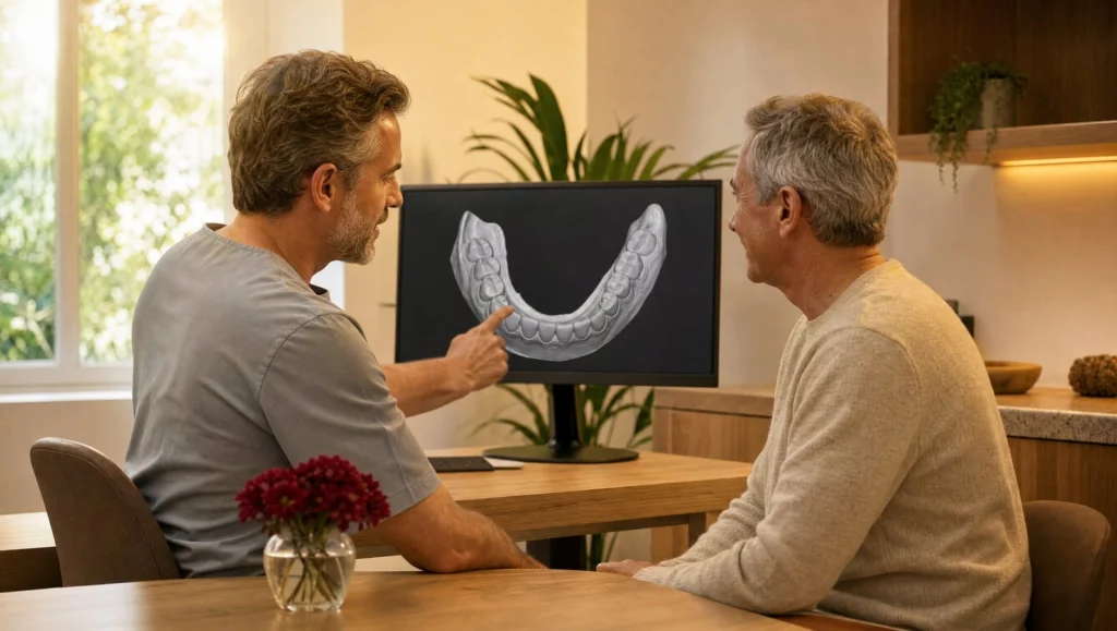 Dentist talking a patient through a tooth replacement plan on a screen during a consultation at Southern York Smile Care